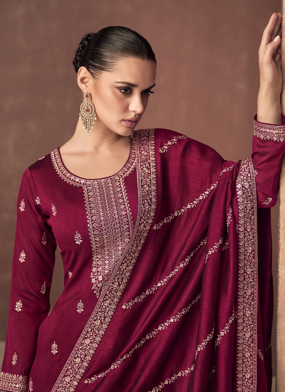 Salwar Suit Silk Maroon Embroidered Salwar Kameez