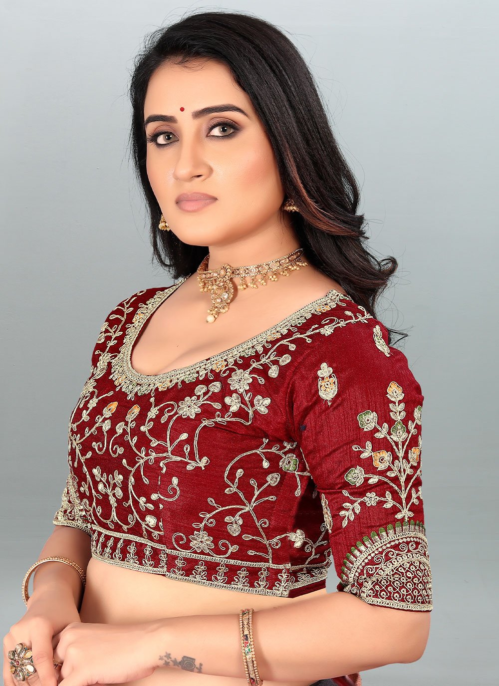 Designer Blouse Silk Maroon Embroidered Blouse