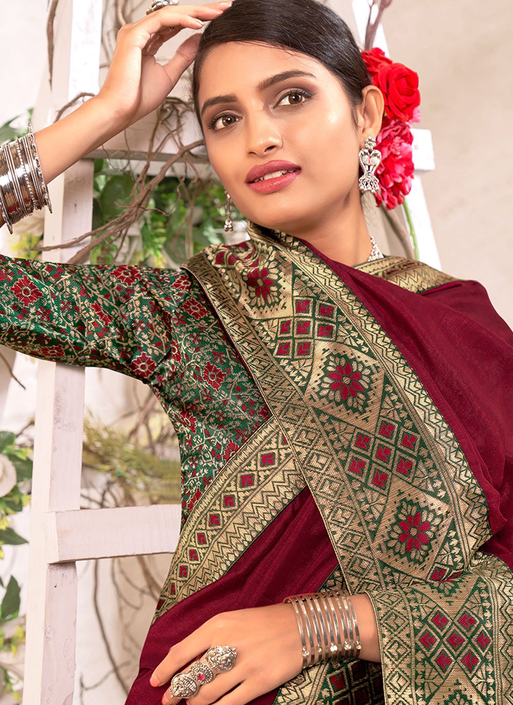 Classic Vichitra Silk Maroon Jacquard Work Saree