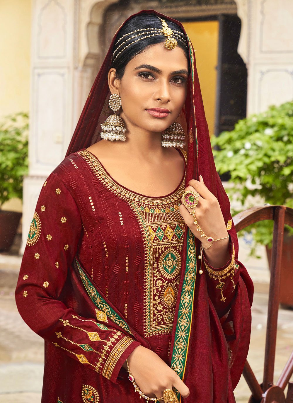 Pakistani Salwar Suit Vichitra Silk Maroon Embroidered Salwar Kameez