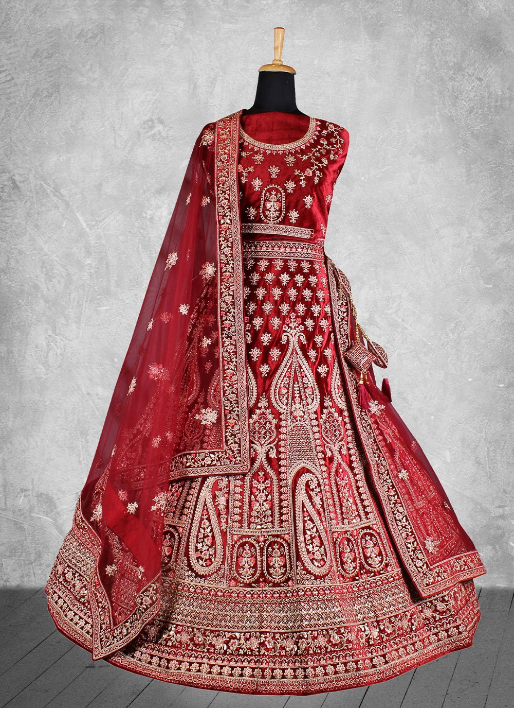 A Line Lehenga Velvet Maroon Embroidered Lehenga Choli