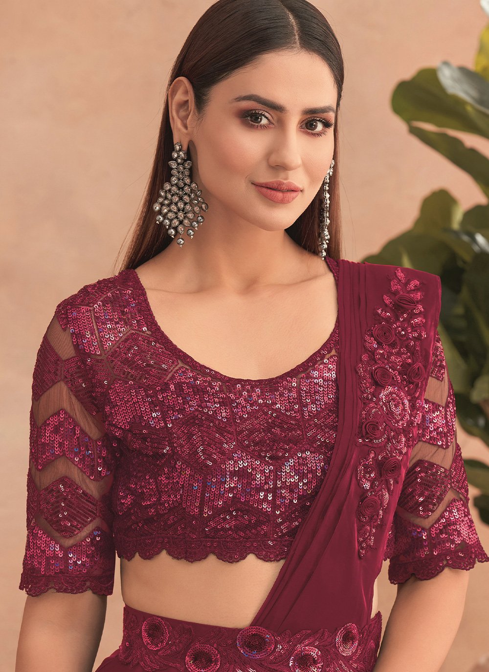 Lehenga Style Saree Net Maroon Embroidered Saree