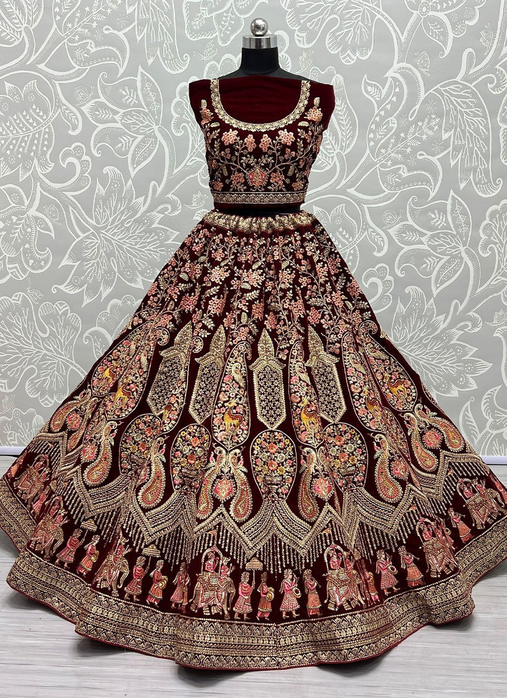 Lehenga Choli Velvet Maroon Diamond Lehenga Choli