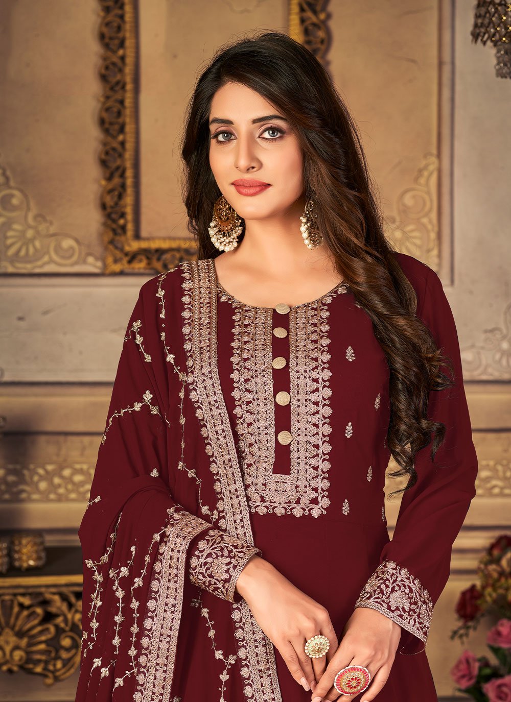 Salwar Suit Faux Georgette Maroon Embroidered Salwar Kameez