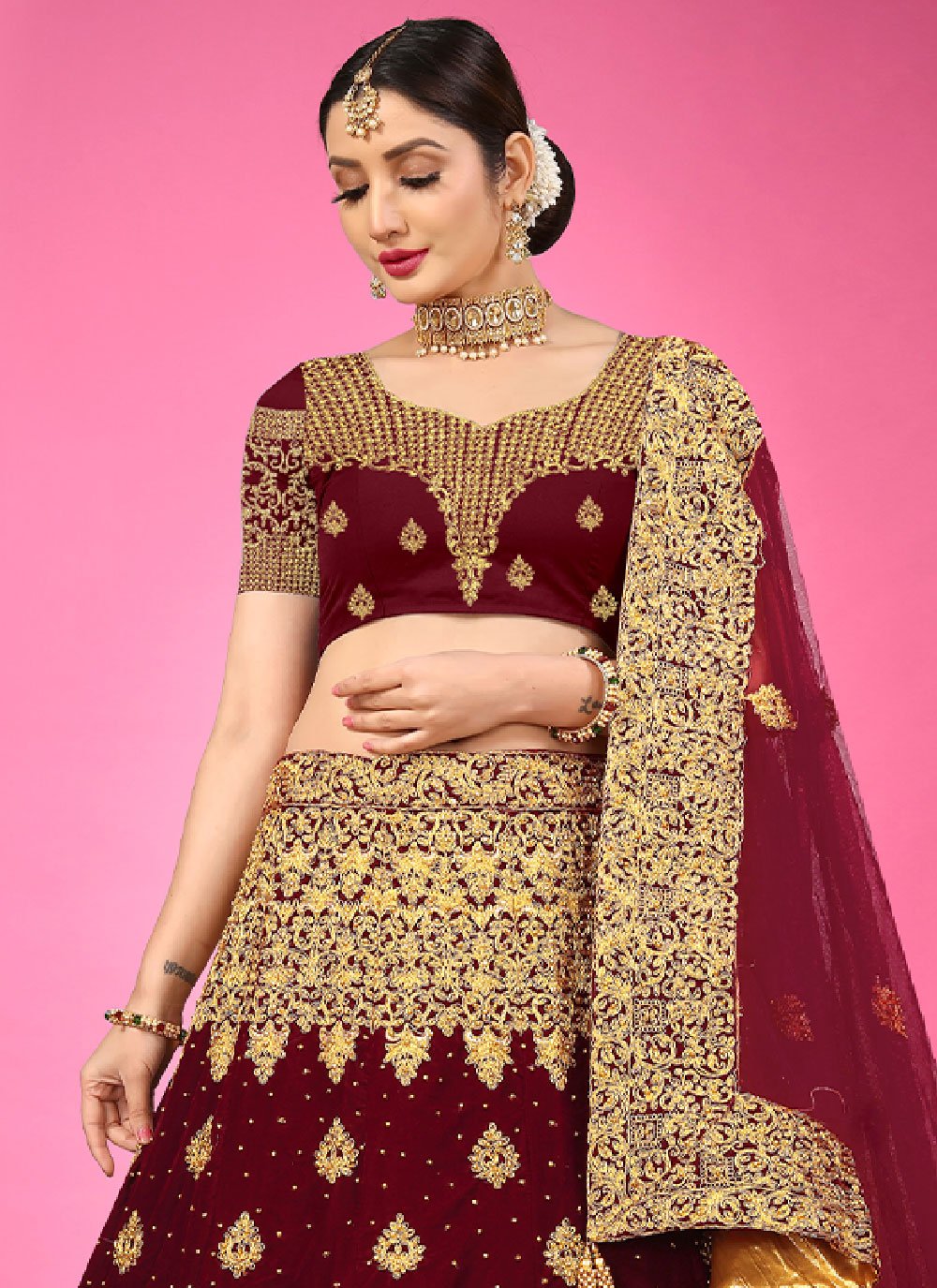 Lehenga Choli Velvet Maroon Embroidered Lehenga Choli