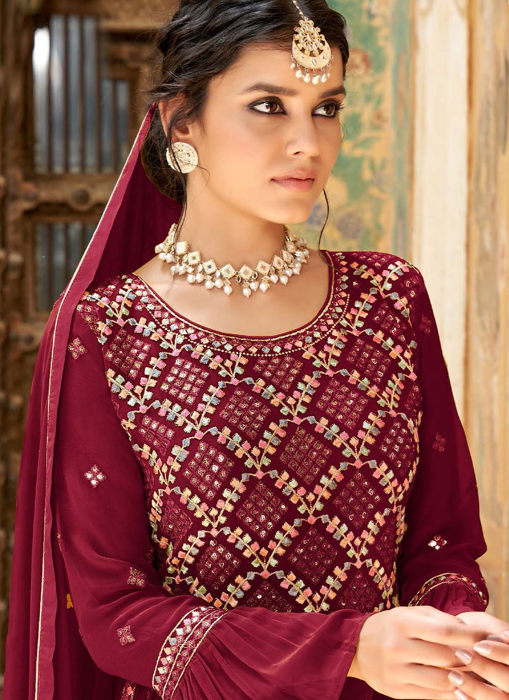 Readymade Lehenga Choli Georgette Maroon Embroidered Lehenga Choli
