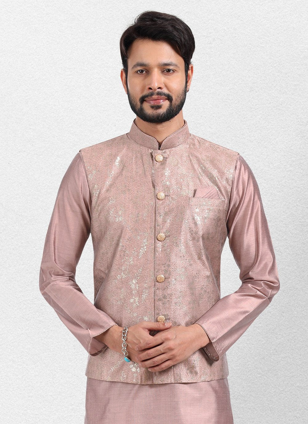 Kurta Payjama With Jacket Art Banarasi Silk Mauve Print Mens