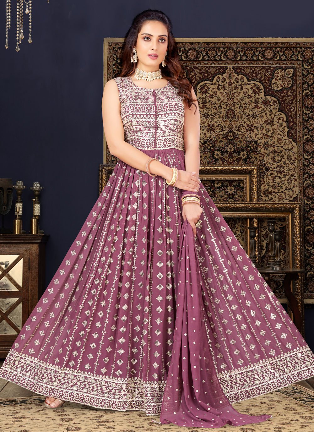 Anarkali Suit Cotton Silk Mauve Embroidered Salwar Kameez