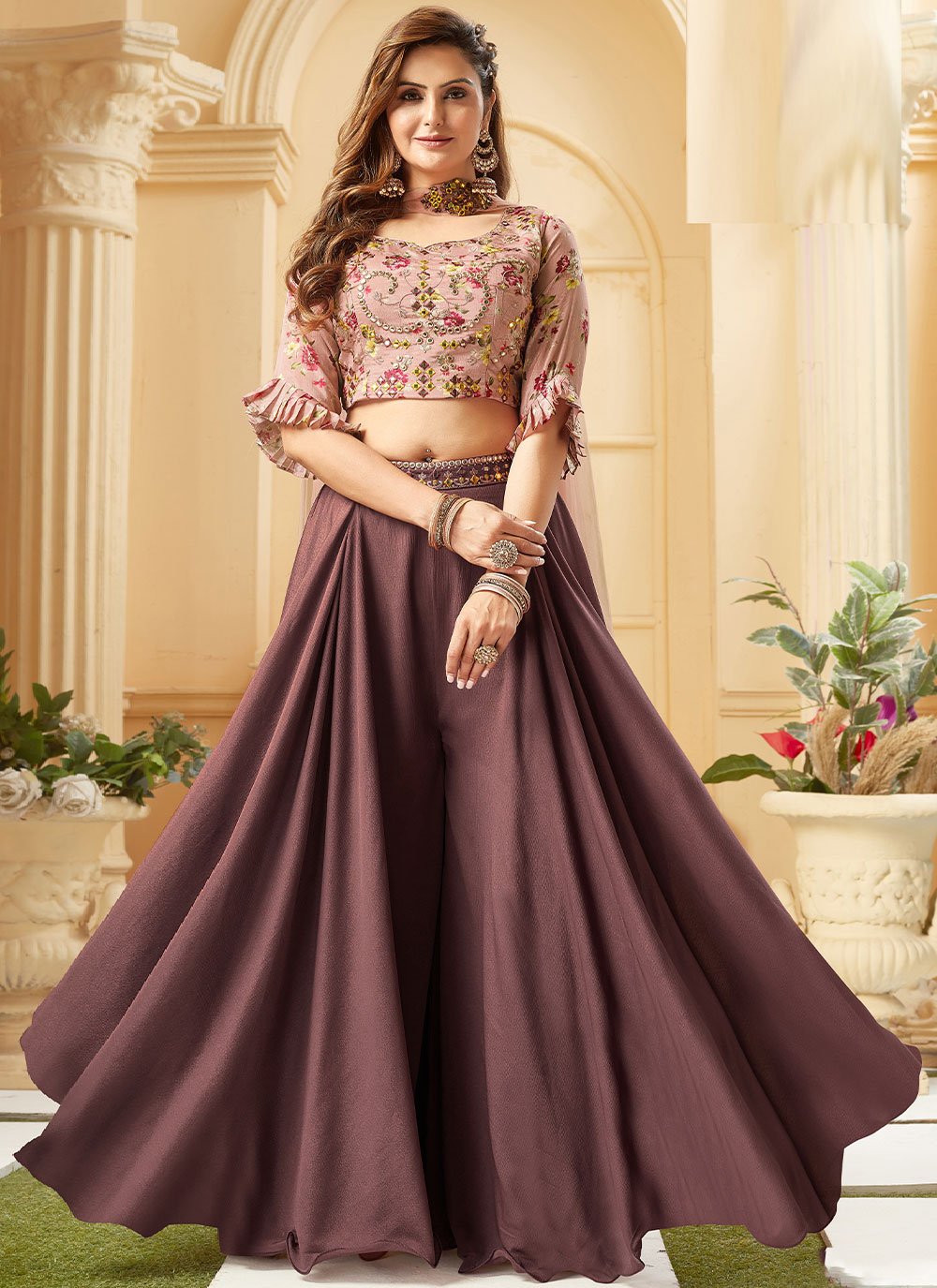 Palazzo Salwar Suit Chinon Mauve Embroidered Salwar Kameez