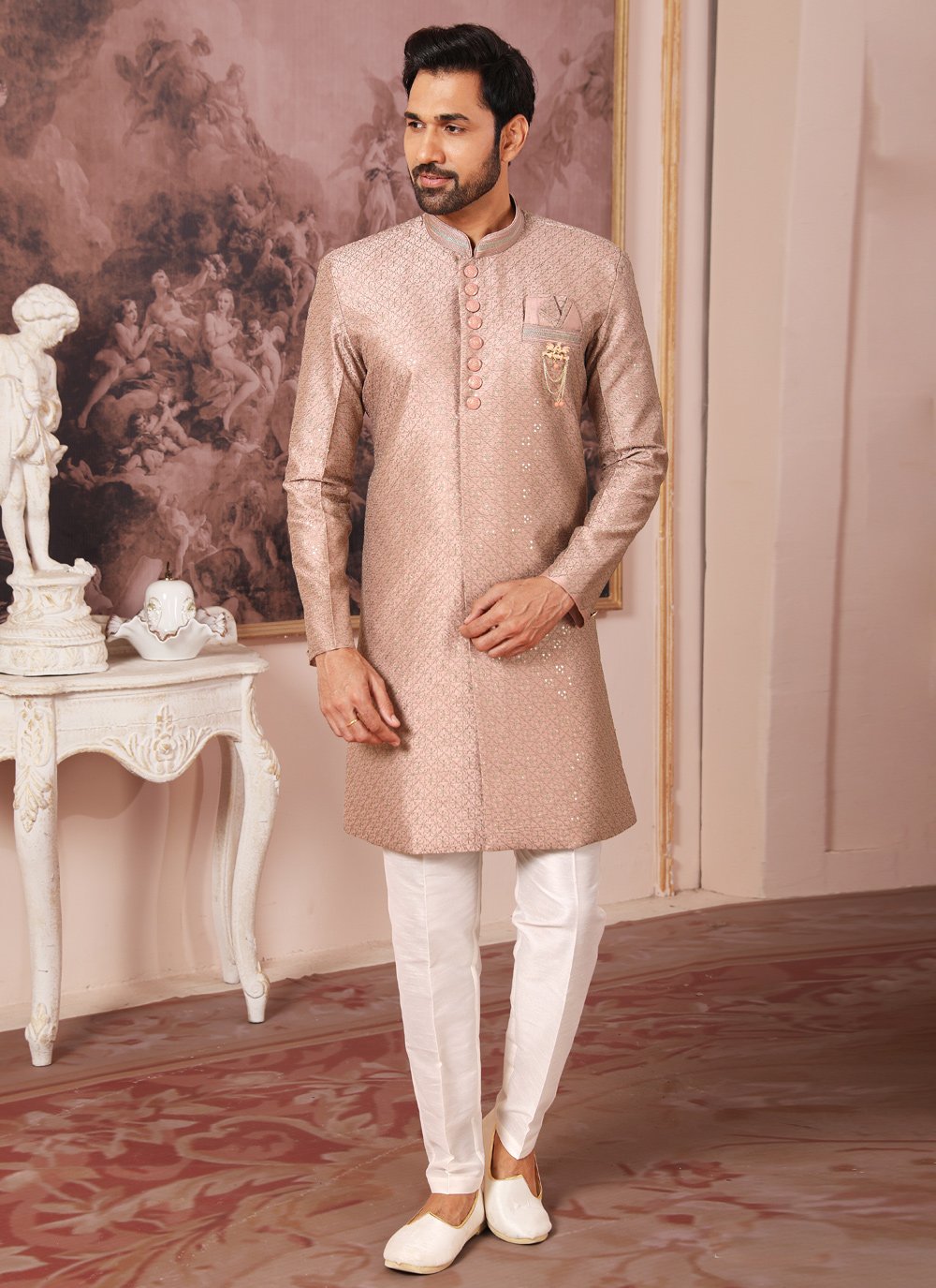 Indo Western Art Silk Mauve Embroidered Mens