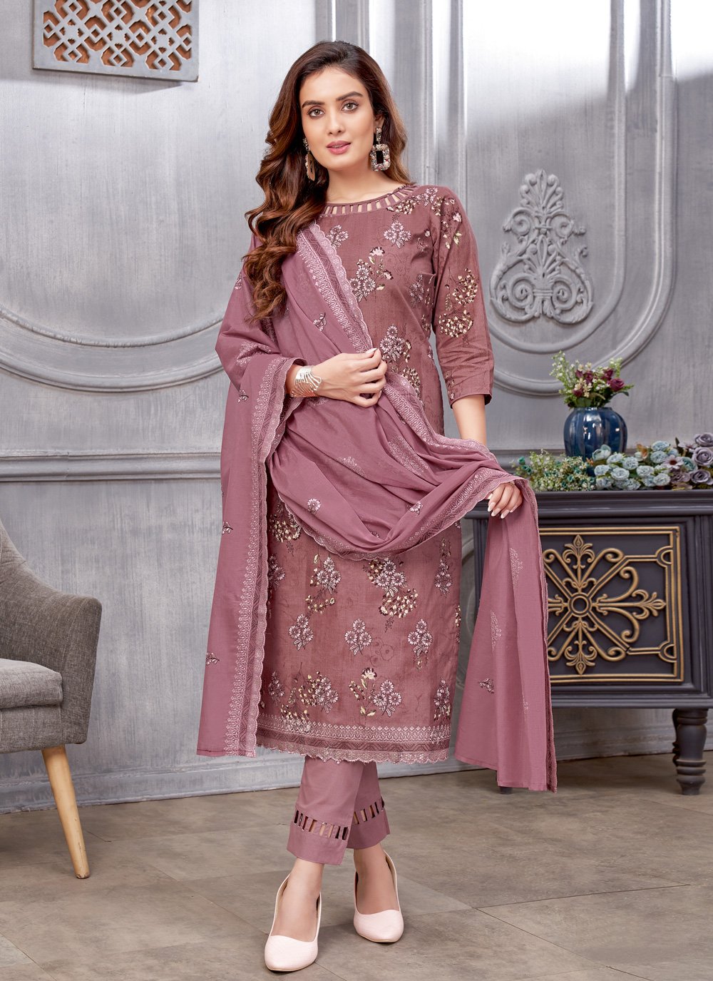 Mauve pakistani designer pant style suit