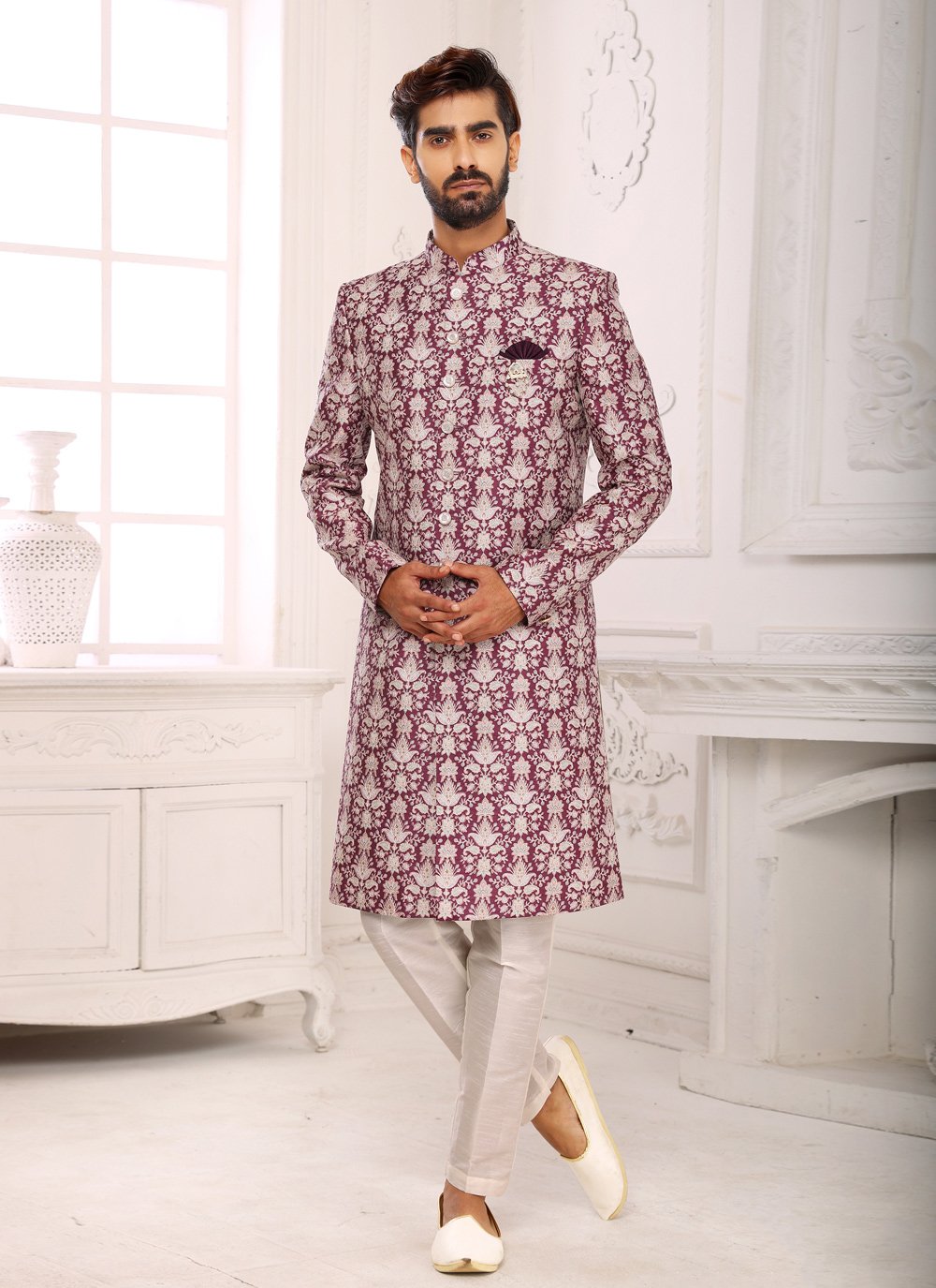 Indo Western Sherwani Fancy Fabric Mauve Digital Print Mens