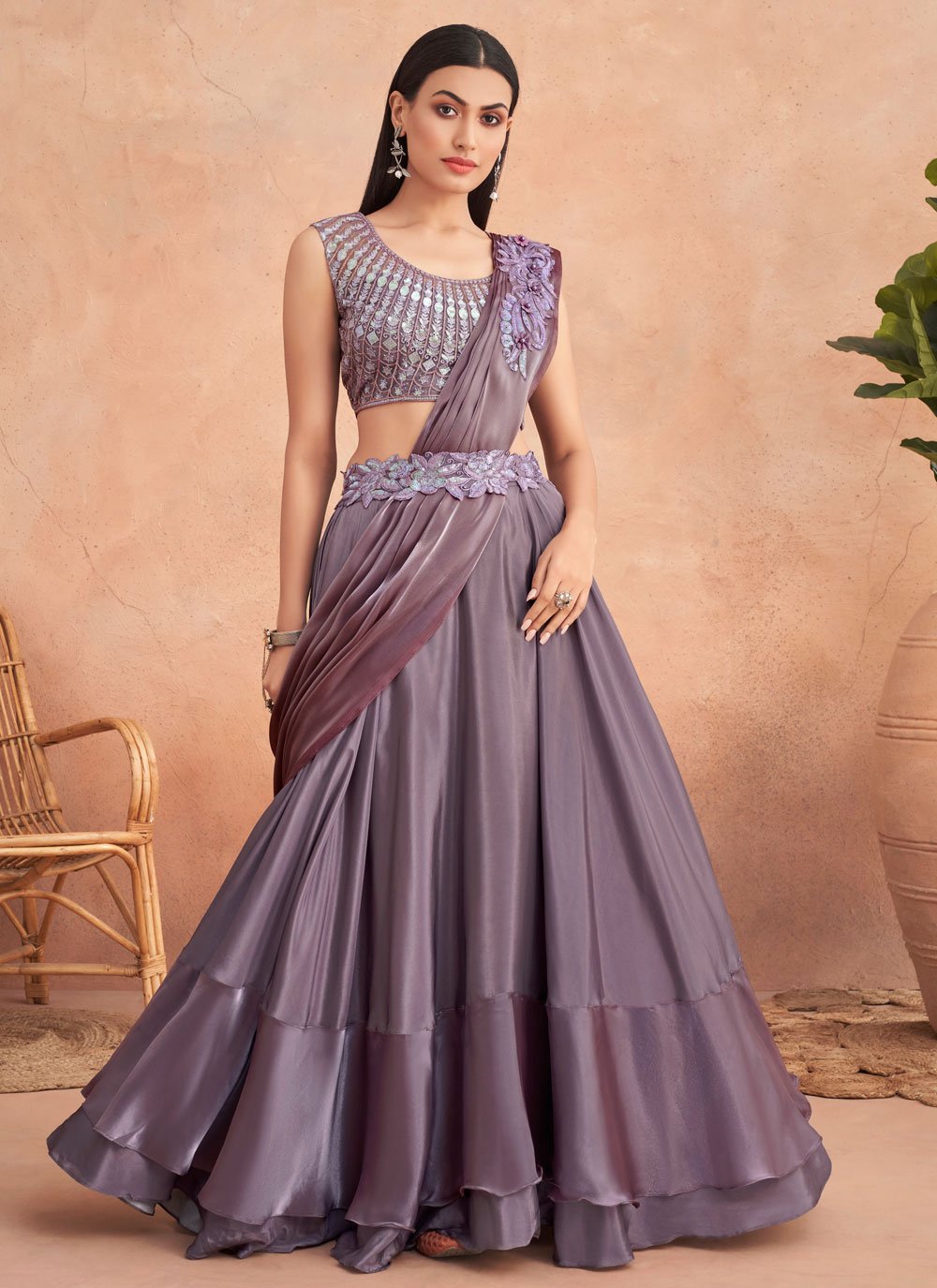 Lehenga Style Saree Art Silk Mauve Embroidered Saree – Kajols