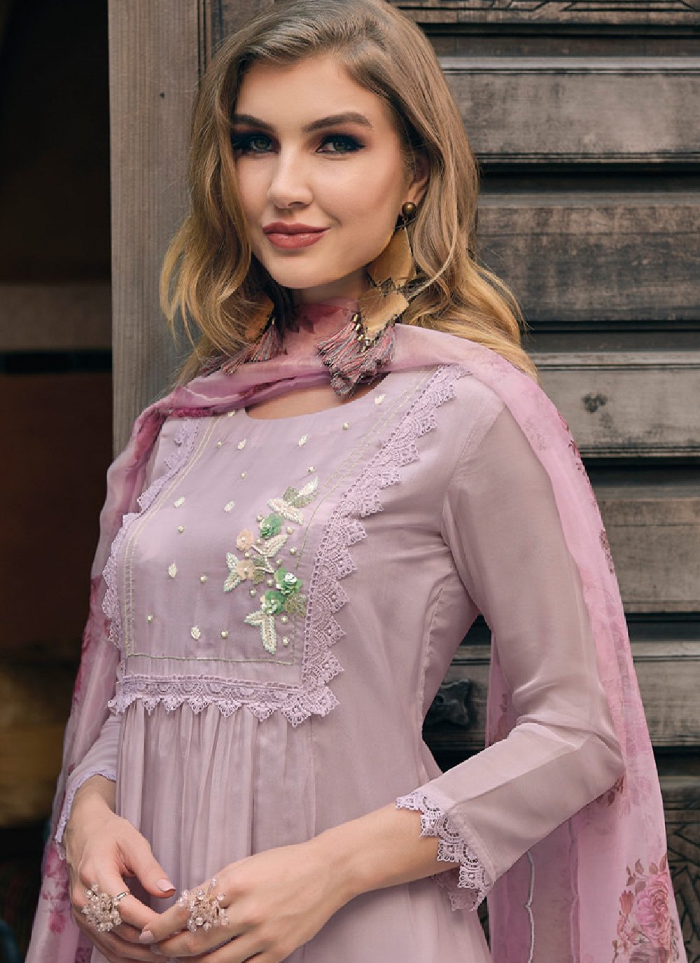 Pant Style Suit Organza Mauve Buttons Salwar Kameez