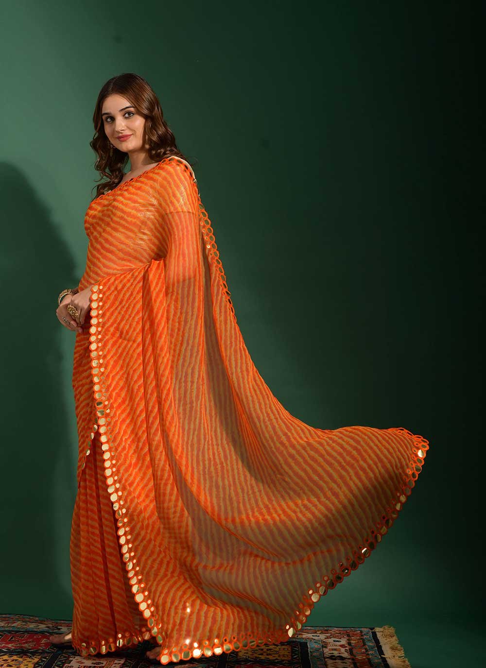 Classic Chiffon Orange Mirror Saree