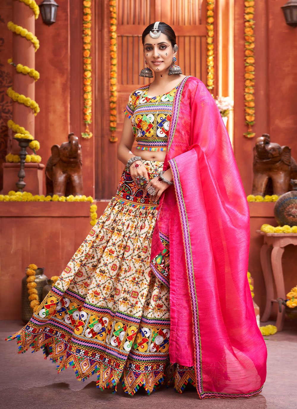 Lehenga Choli Cotton Silk Cream Embroidered Lehenga Choli