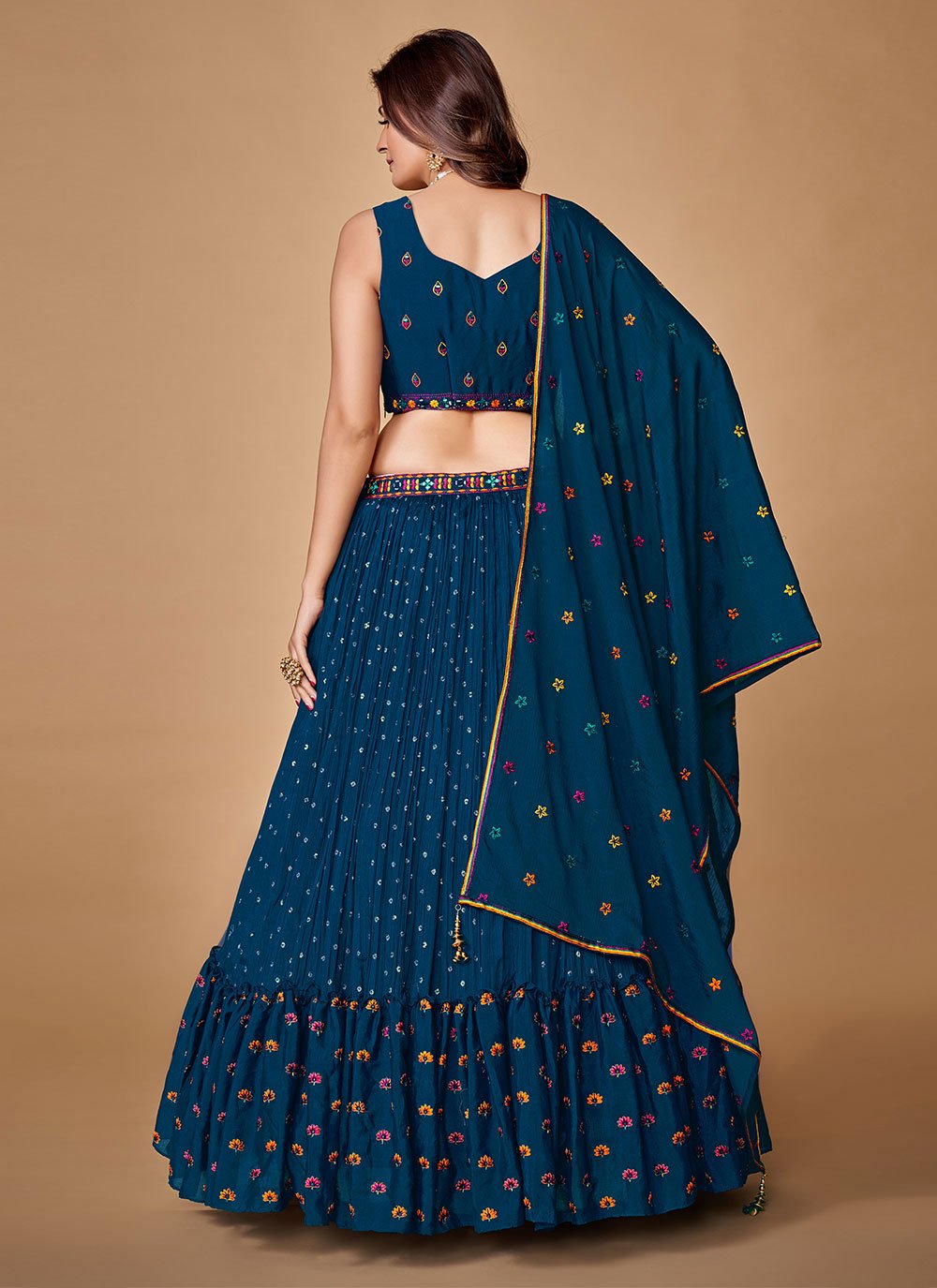 A Line Lehenga Chiffon Silk Blue Mirror Lehenga Choli