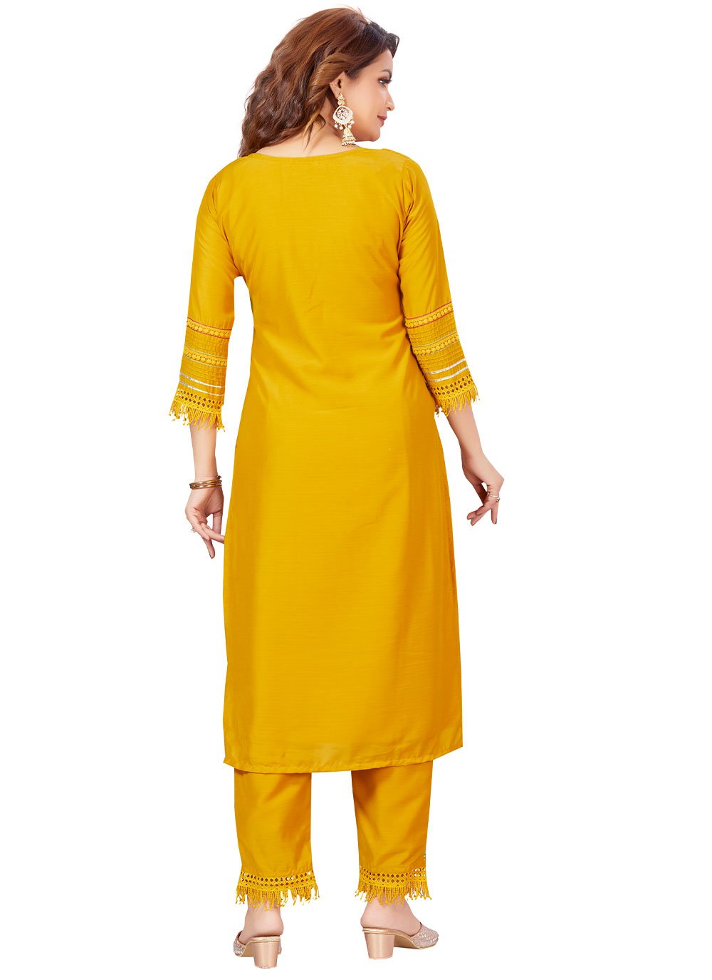 Party Wear Kurti Muslin Yellow Embroidered Kurtis