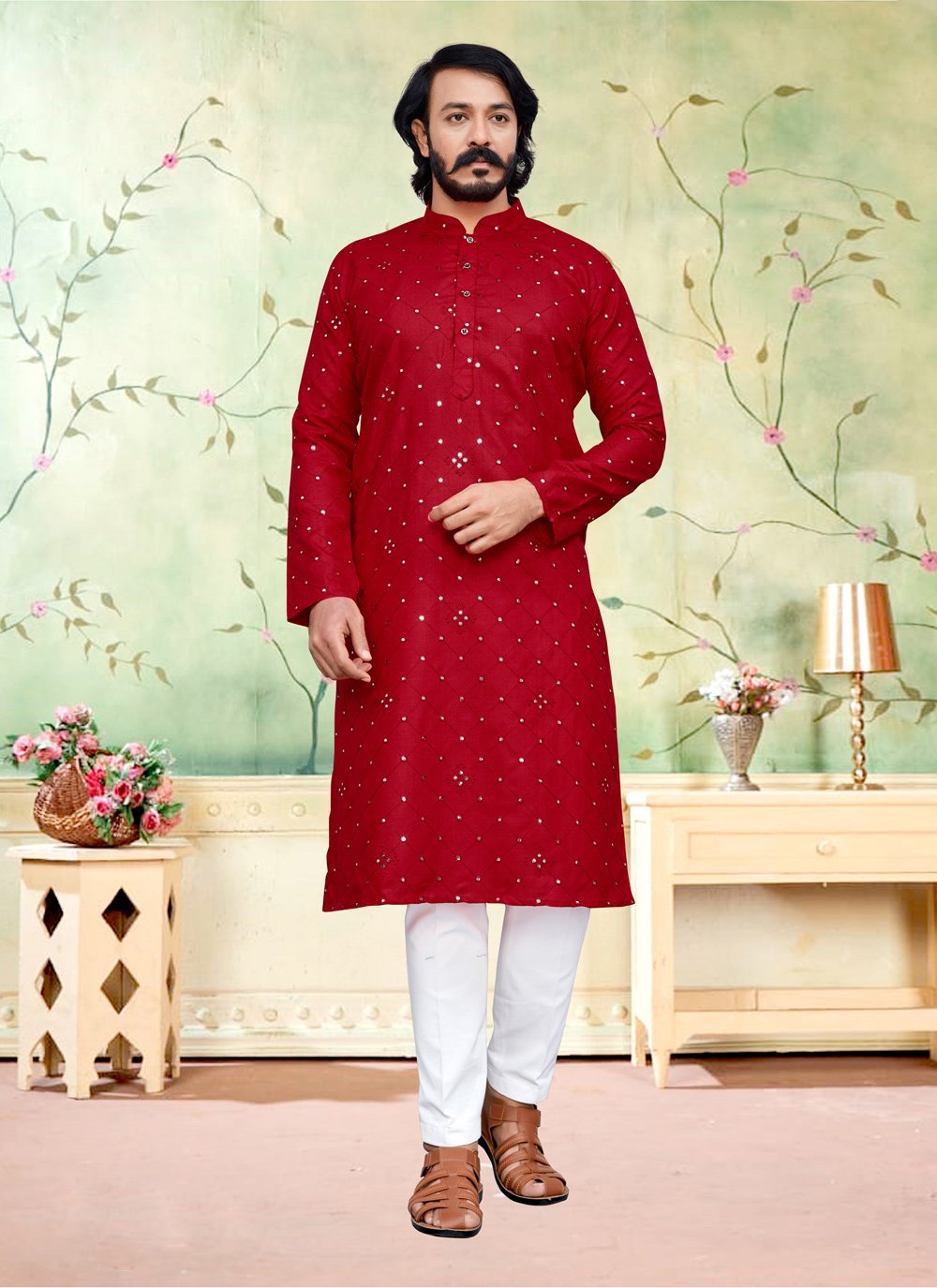 Kurta Pyjama Silk Red Embroidered Mens