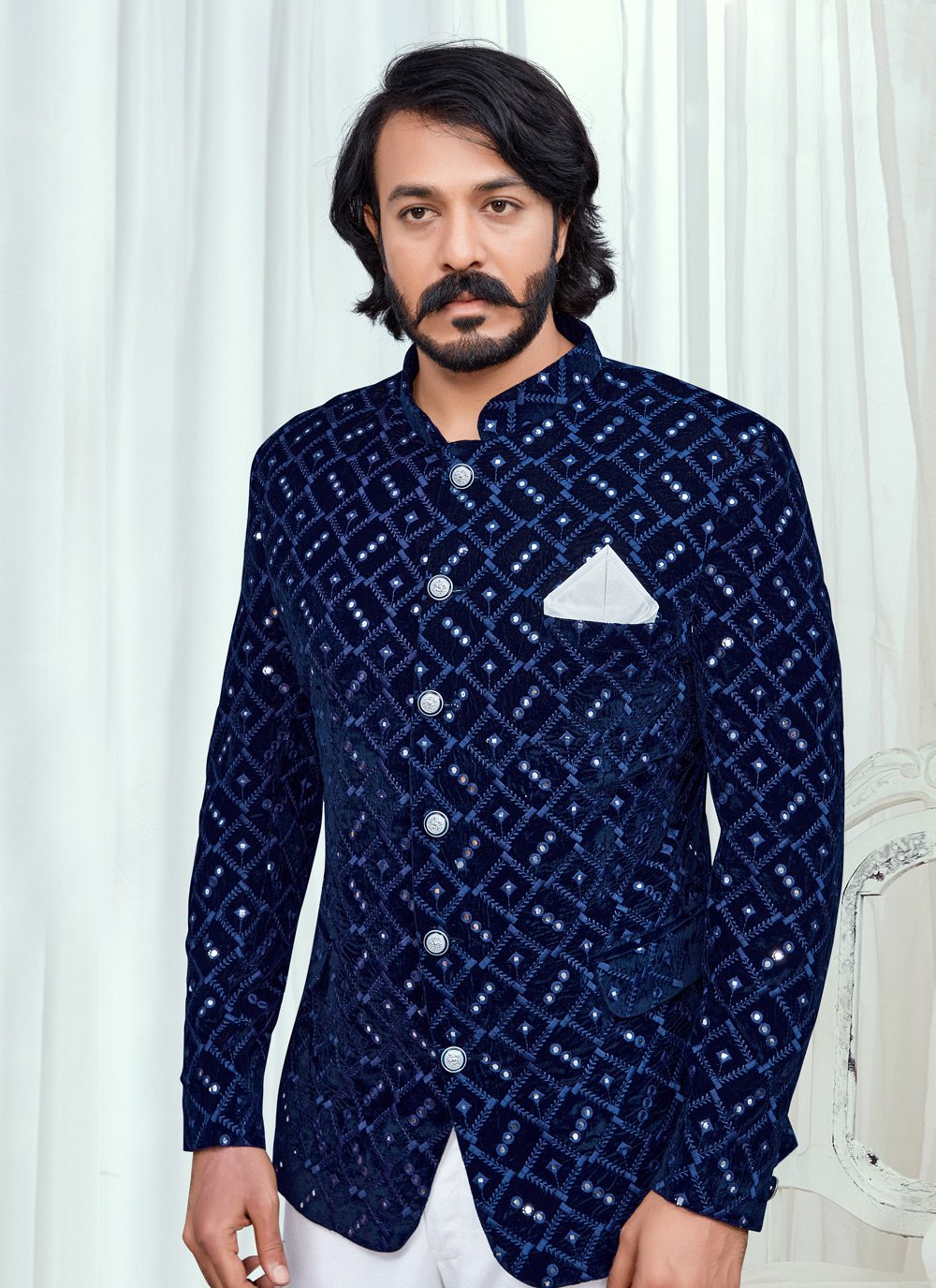 Jodhpuri Suit Velvet Blue Embroidered Mens
