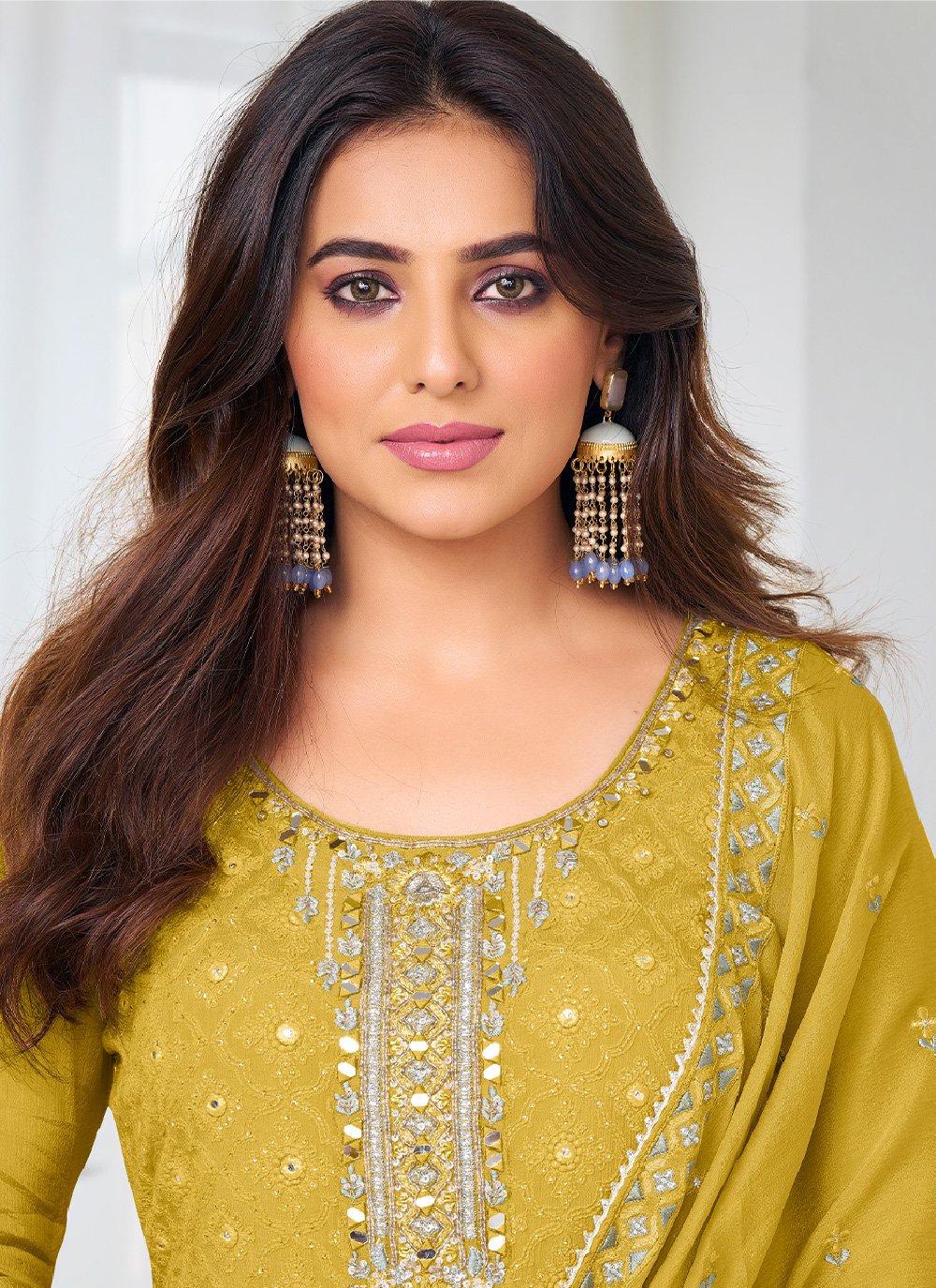 Salwar Suit Chinon Yellow Embroidered Salwar Kameez