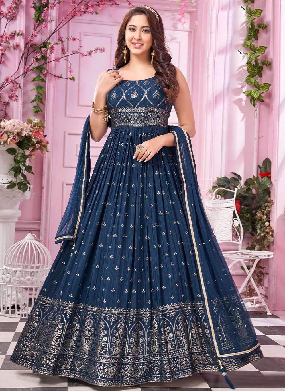 Salwar Suit Chinon Morpeach Embroidered Salwar Kameez