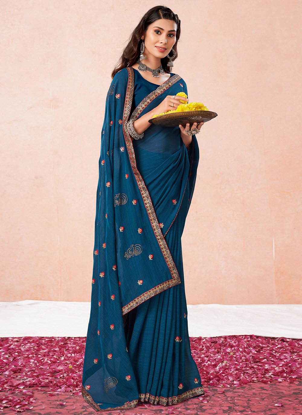 Trendy Saree Georgette Morpeach Embroidered Saree