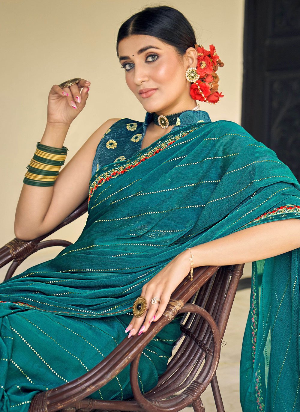 Classic Chiffon Morpeach Embroidered Saree