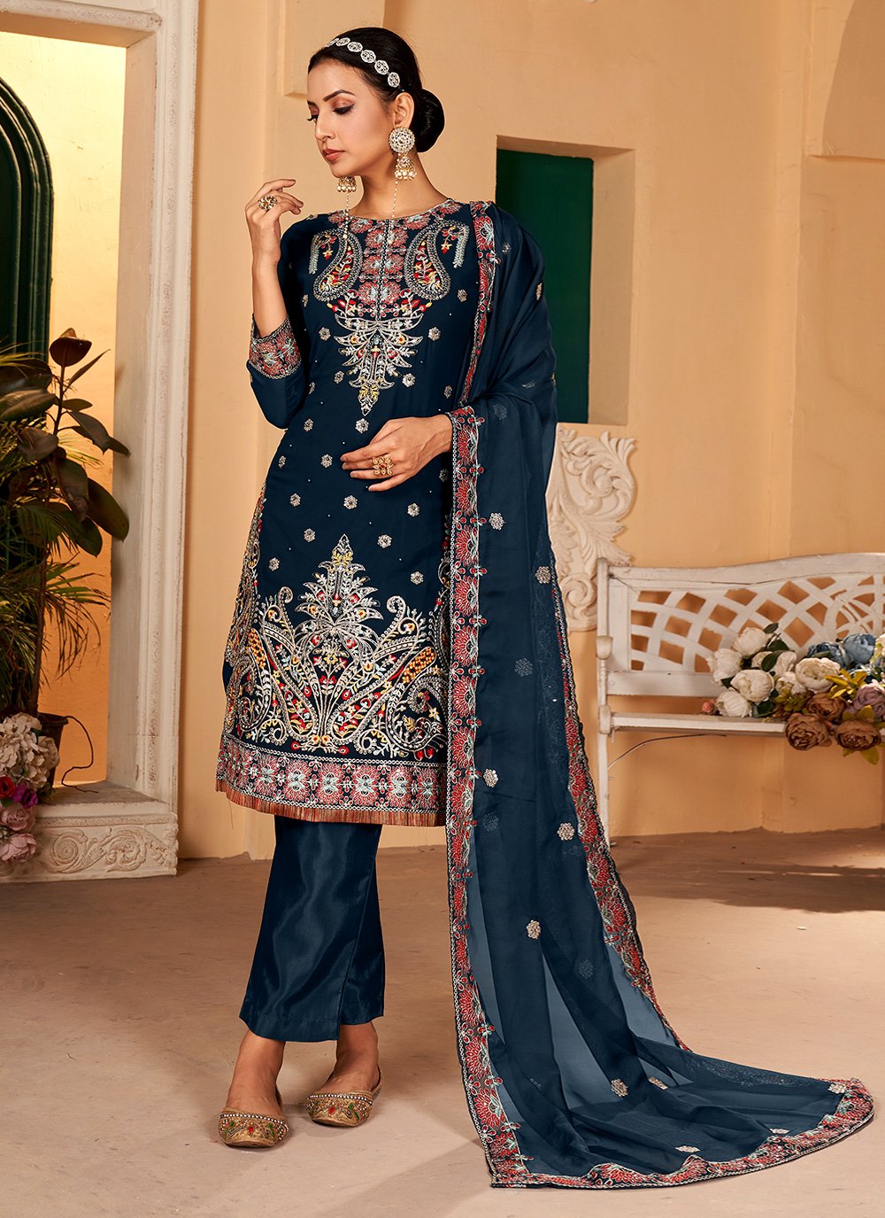 Straight Salwar Suit Faux Georgette Morpeach Embroidered Salwar Kameez