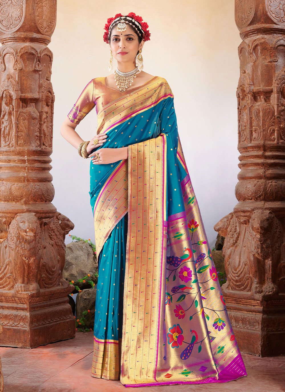 Contemporary Silk Morpeach Weaving Saree