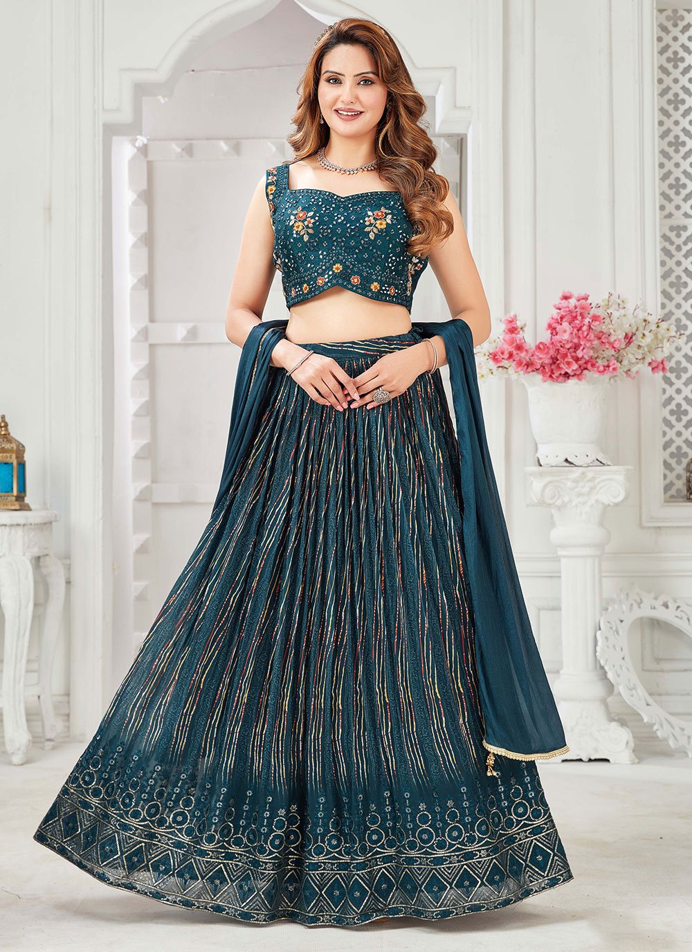 Lehenga Choli Silk Morpeach Embroidered Lehenga Choli
