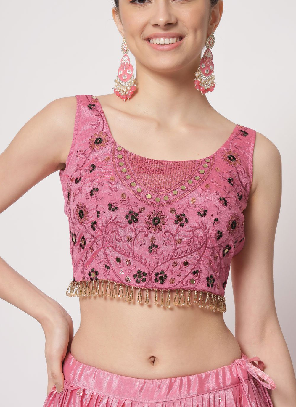 A Line Lehenga Chinon Silk Pink Mukesh Work Lehenga Choli