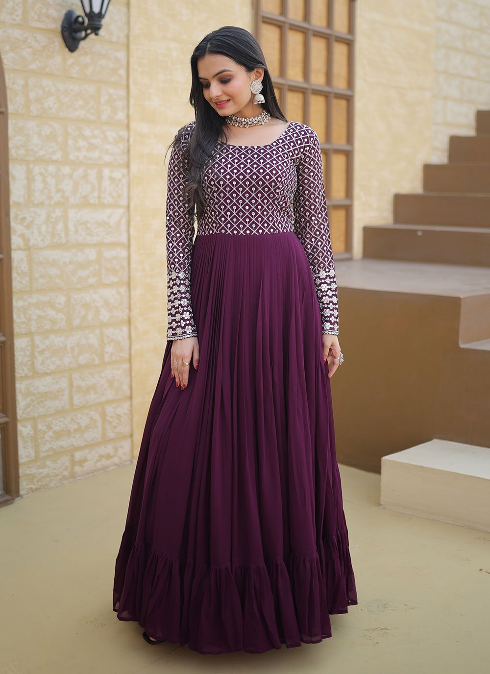 Gown Faux Georgette Burgundy Embroidered Gown