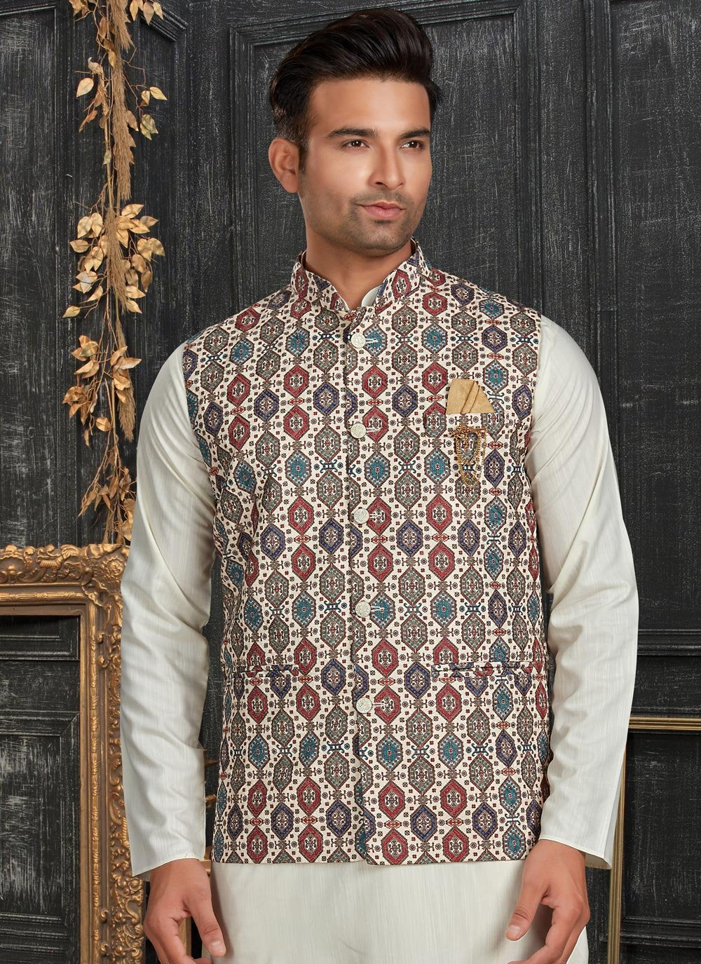 Kurta Payjama With Jacket Cotton Multi Colour Off White Chicken Mens