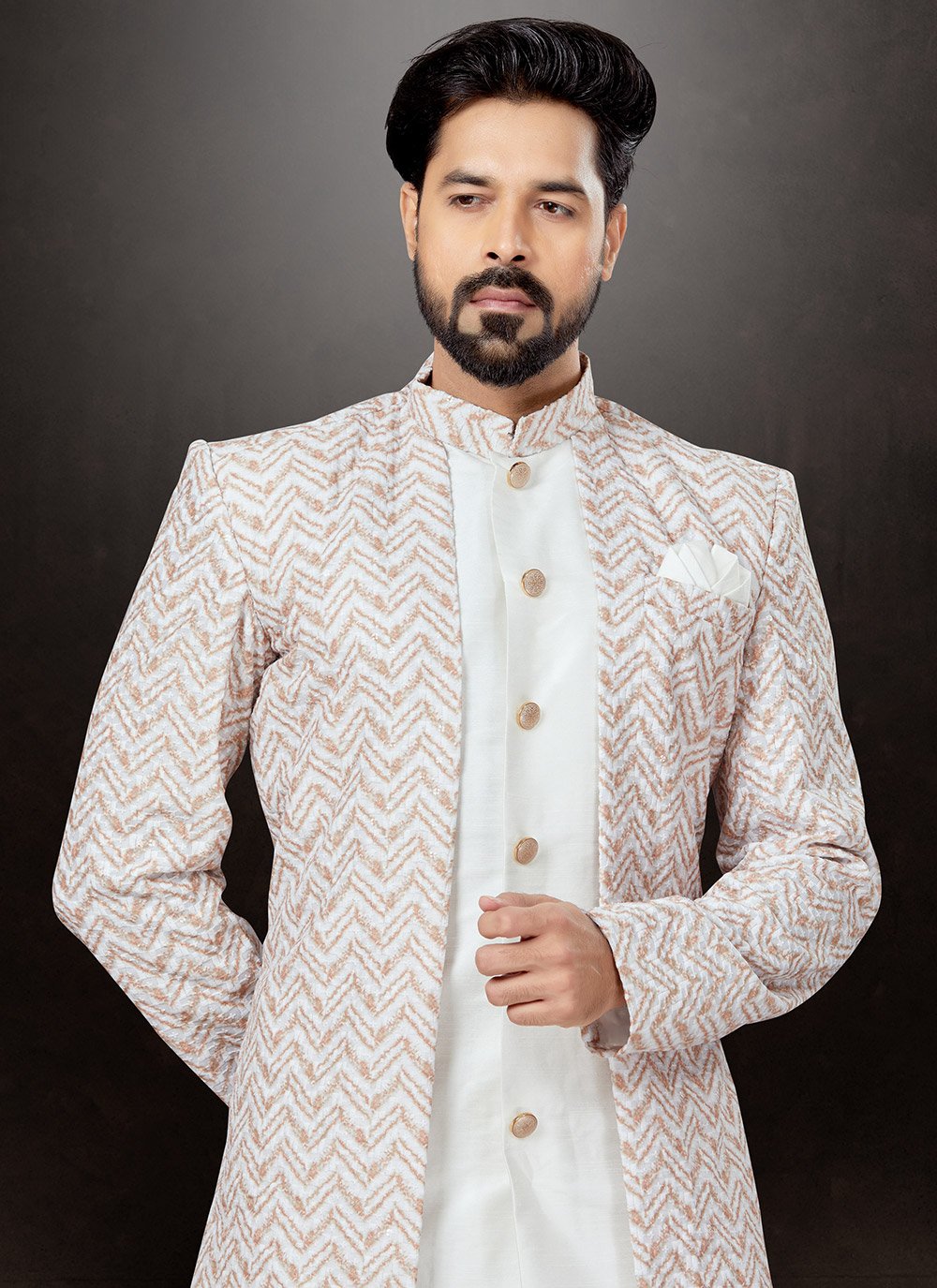 Indo Western Sherwani Dupion Silk Jacquard Multi Colour Off White Embroidered Mens