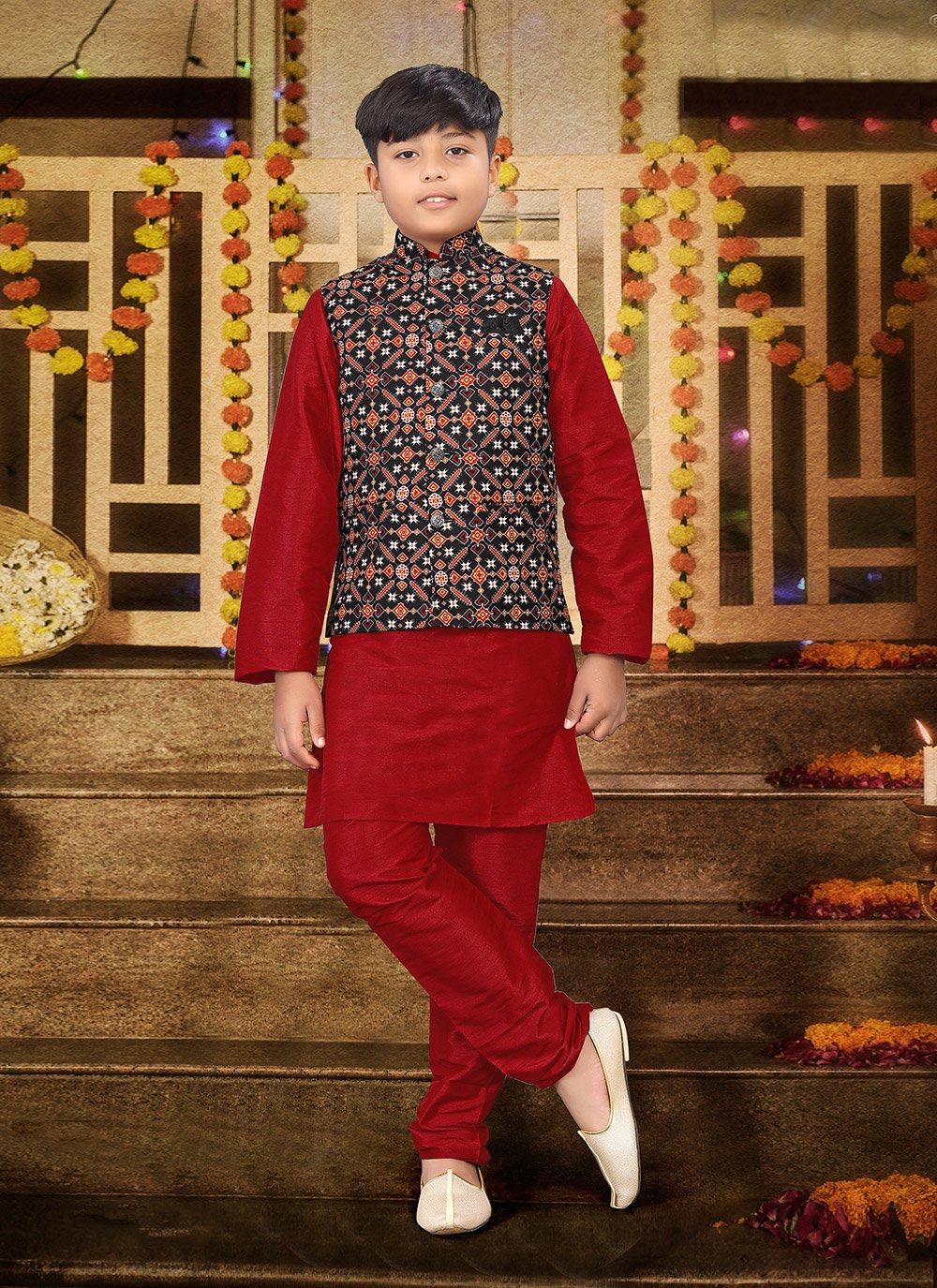 Kurta Payjama With Jacket Silk Multi Colour Red Digital Print Kids