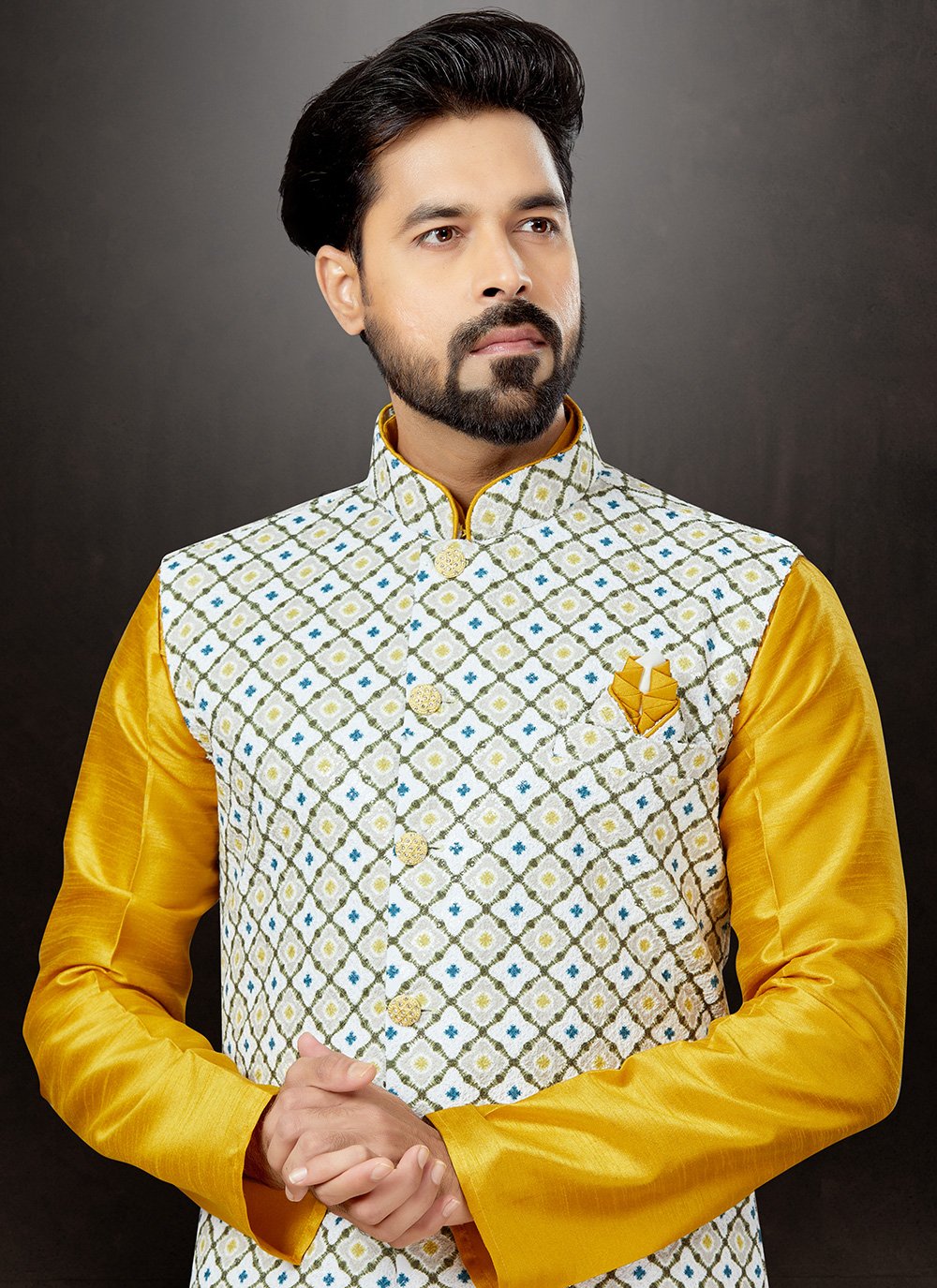 Kurta Payjama With Jacket Dupion Silk Jacquard Multi Colour Yellow Embroidered Mens