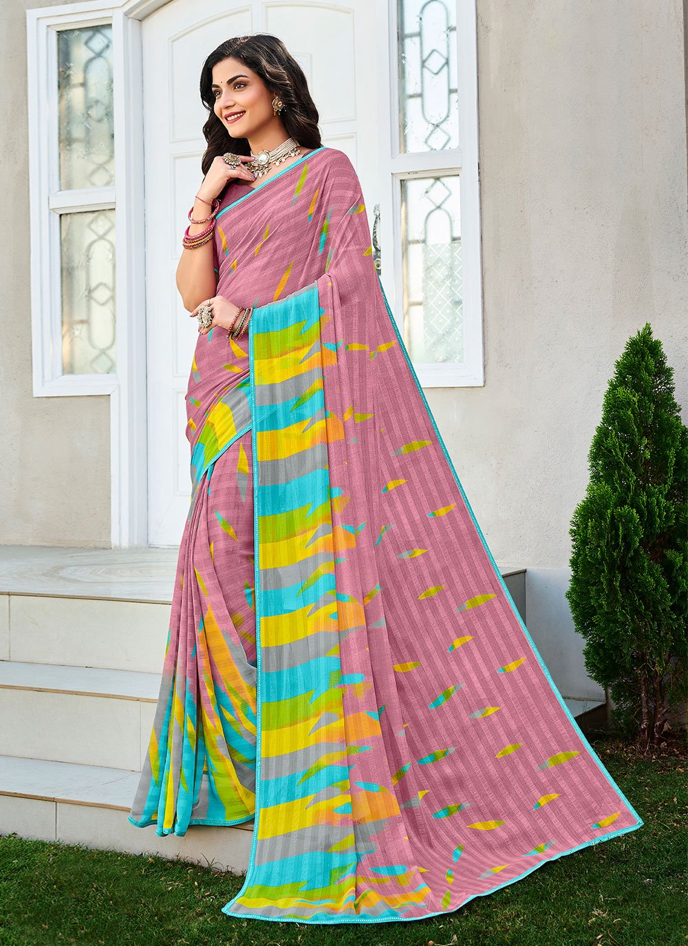 Contemporary Designer Georgette Multi Colour Fancy Work Saree