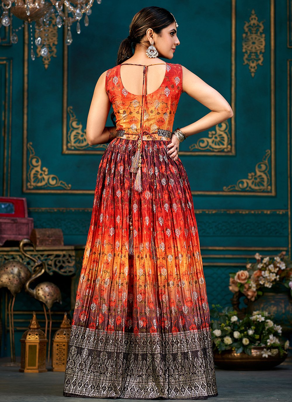 Designer Gown Chinon Silk Multi Colour Digital Print Gown