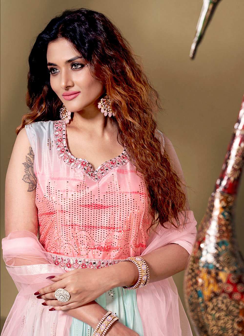 Designer Gown Chinon Multi Colour Print Gown