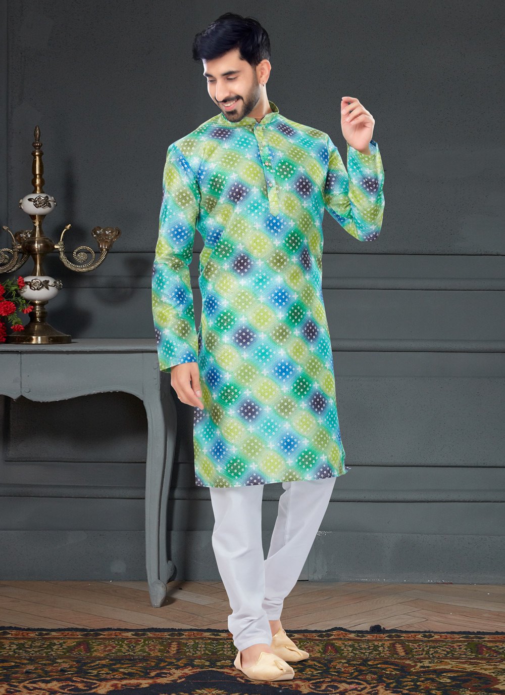 Kurta Pyjama Silk Multi Colour Digital Print Mens