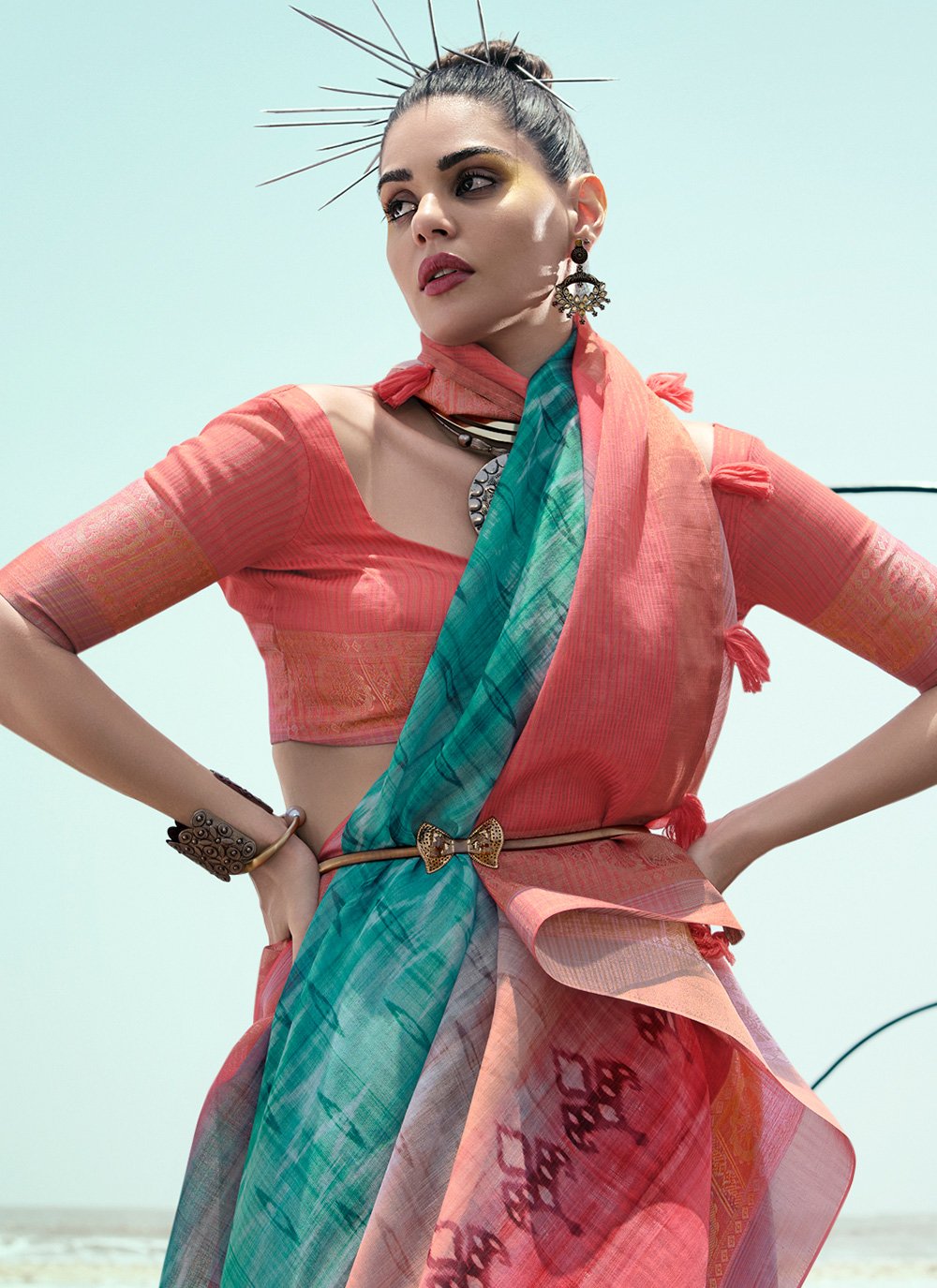 Contemporary Linen Multi Colour Digital Print Saree