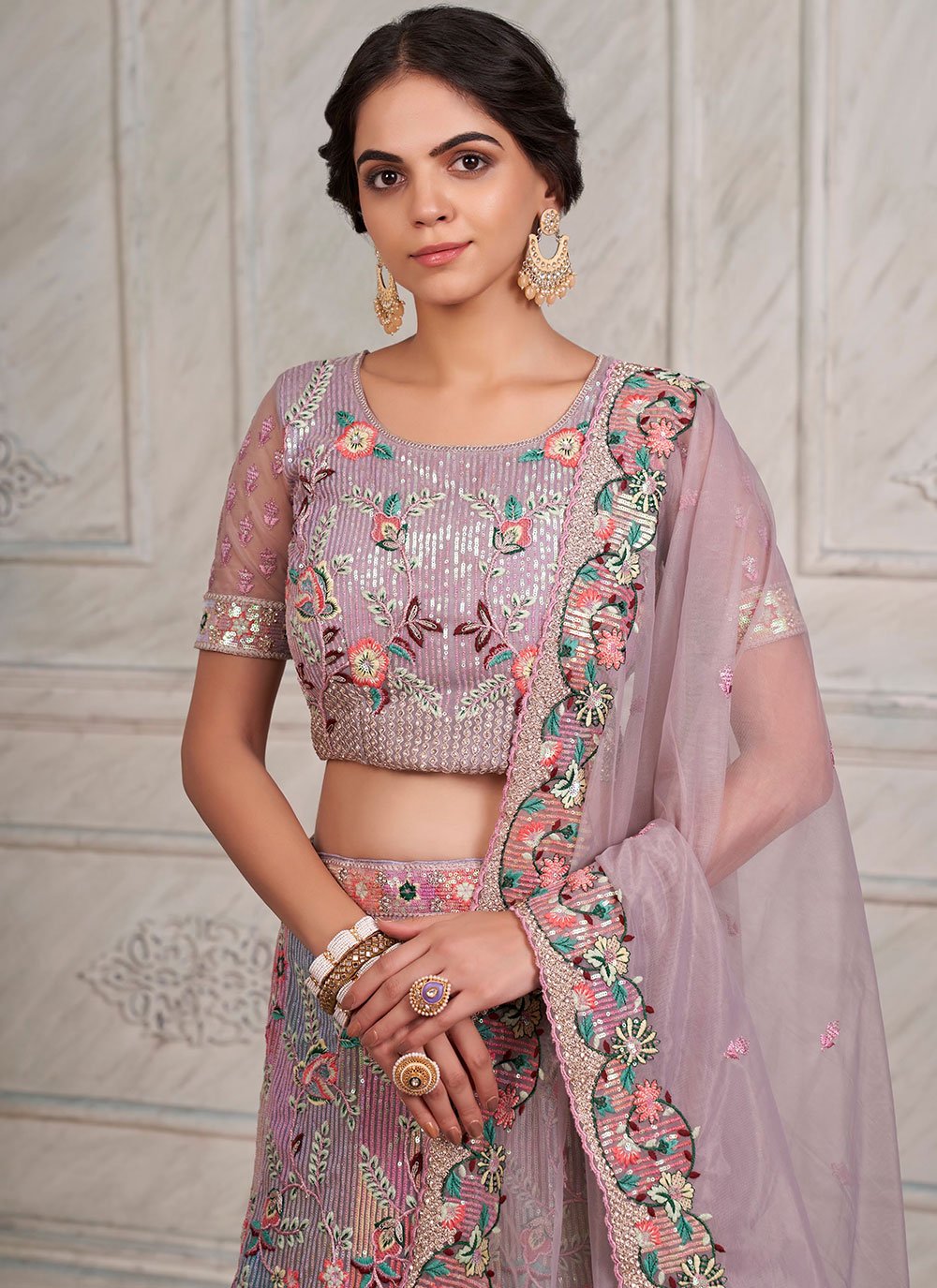 A Line Lehenga Net Multi Colour Embroidered Lehenga Choli