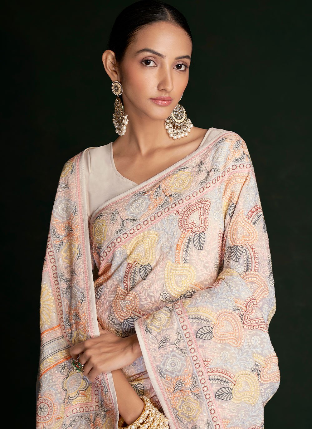 Trendy Saree Georgette Multi Colour Lucknowi Work Saree