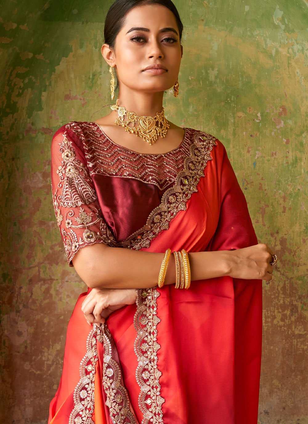 Contemporary Satin Multi Colour Embroidered Saree