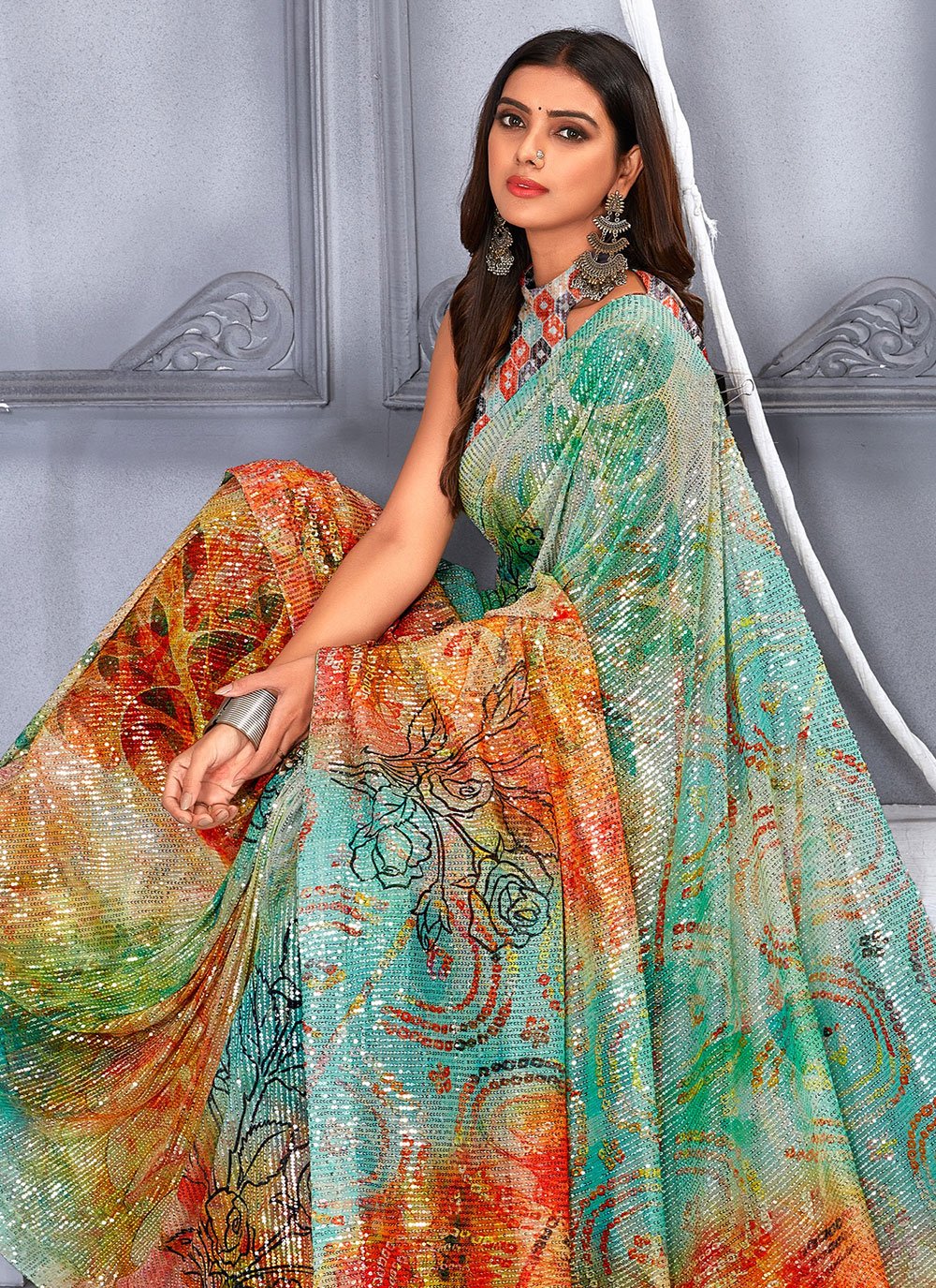 Classic Net Multi Colour Digital Print Saree