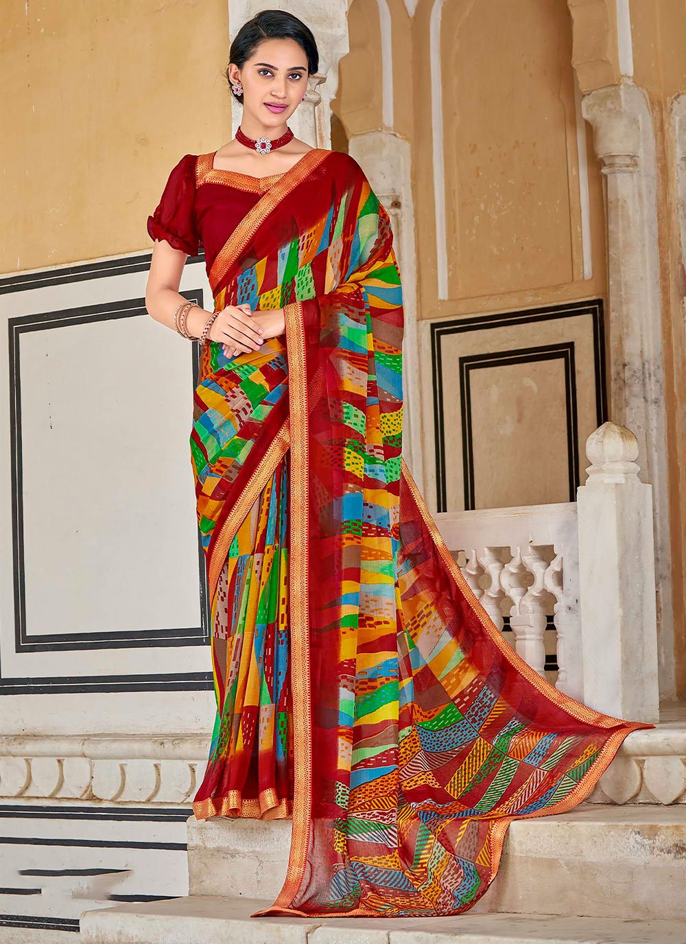 Trendy Saree Faux Chiffon Multi Colour Print Saree