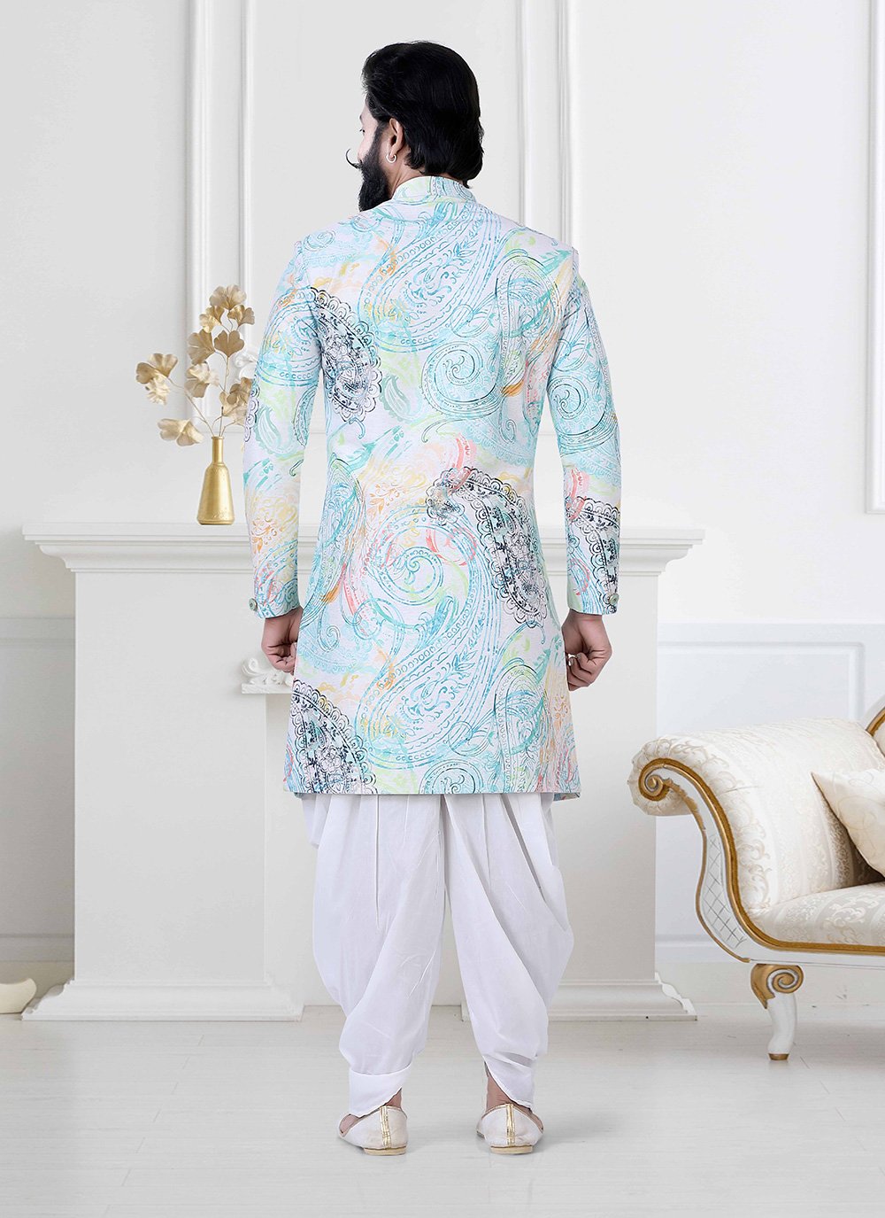 Indo Western Velvet Multi Colour Print Mens