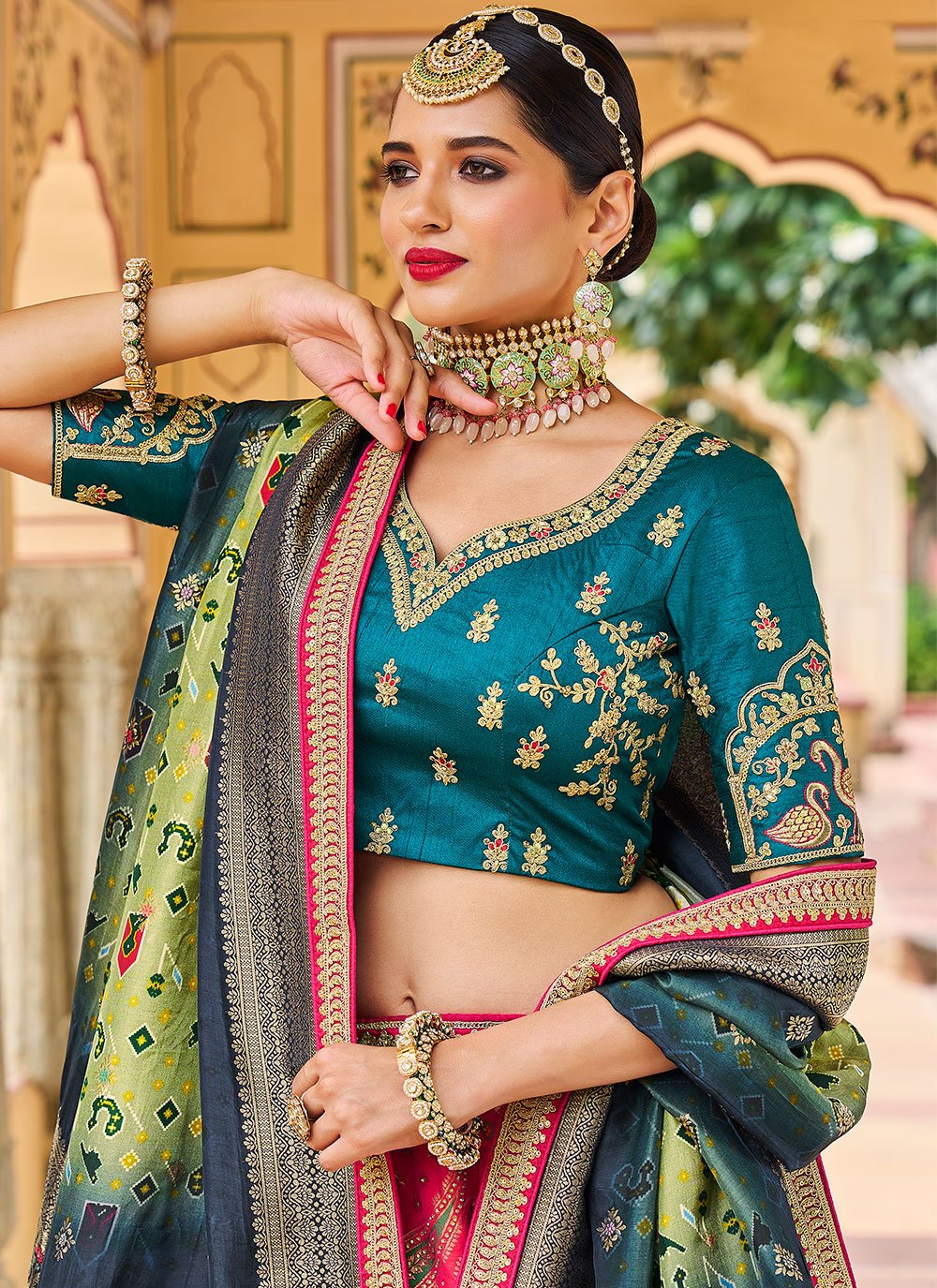 A Line Lehenga Silk Multi Colour Embroidered Lehenga Choli