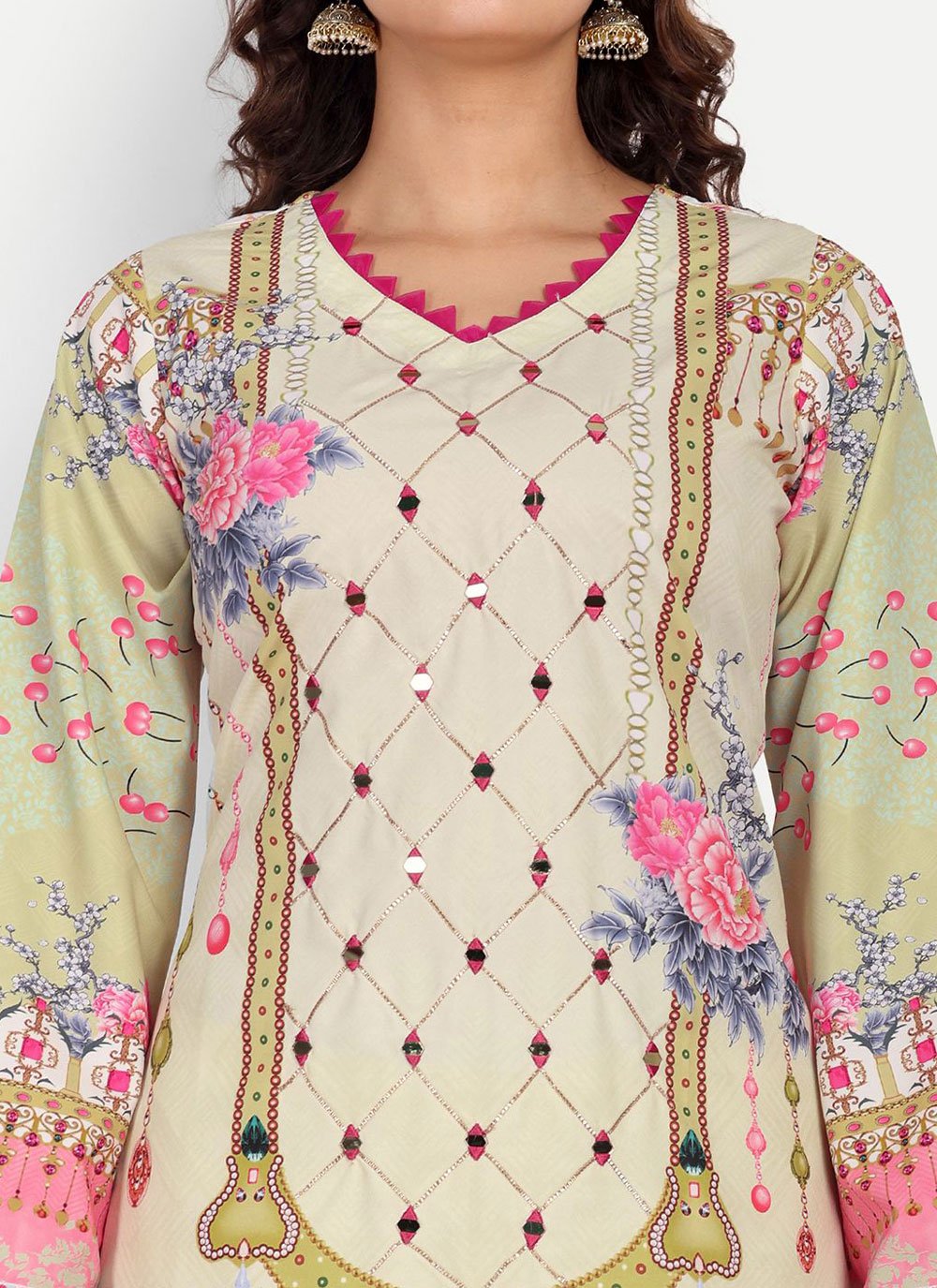 Pant Style Suit Muslin Cream Digital Print Salwar Kameez